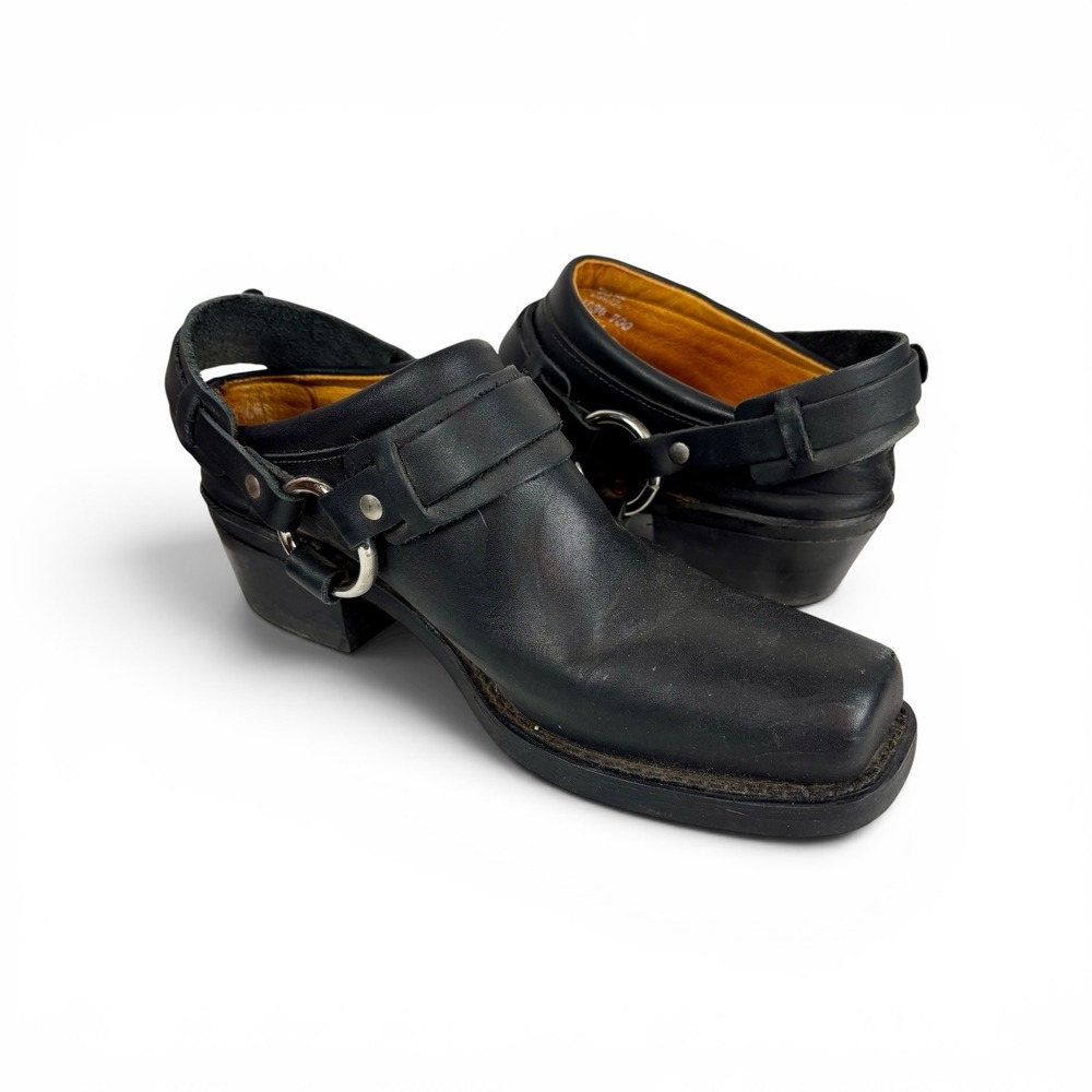 Frye Black Leather Harness Mules Square Toe Block Heel Slides Made in USA Size 9